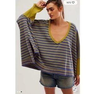New Free People Main Squeeze V-neck Sweatshirt Blue Combo Striped Yellow Size S